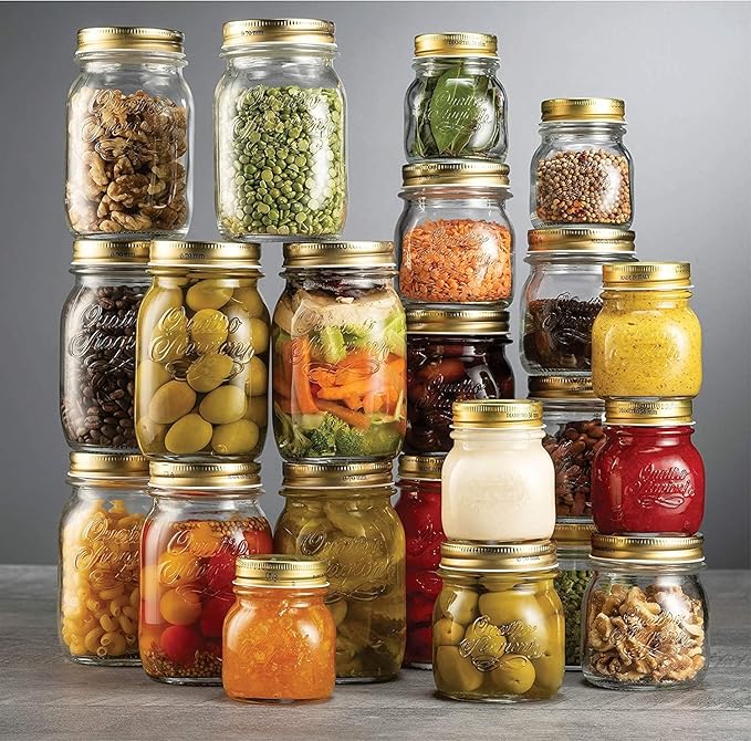 Bormioli Rocco Quattro Stagioni 8.5 Oz. Mason Jar (Set of 6) - Wide Mouth Glass Jar with Airtight Twist Lid - Classic Beehive Embossed Design for Canning, Storage & Recipes - Made in Italy, BPA Free