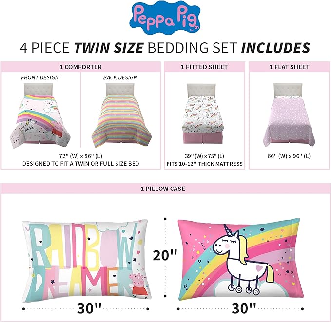 Franco Kids Bedding Super Soft Comforter and Sheet Set, 4 Piece Twin Size, Peppa Pig