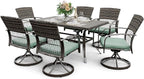 Pamapic 7 Piece Outdoor Dining Set, Rattan Outdoor Patio Furniture Set for Deck Backyard Garden with Iron Outdoor Dining Table, 6 Swivel Outdoor Dining Chairs and Removable Cushions (Green)