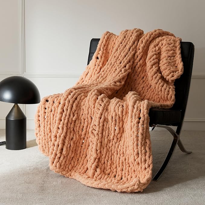 WESHIONGOO Chunky Knit Blanket Throw Knitted Throw Blankets for Couch Bed Fluffy Soft Blanket with Jumbo Chenille Yarn Thick 100% Handmade(Peach Fuzz, 50"×60")