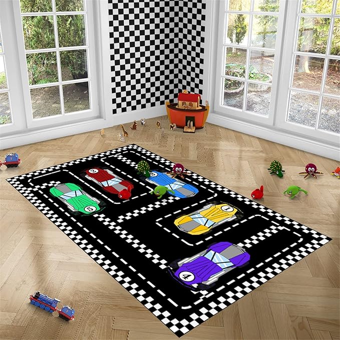 Car Rug Race Car Rug Car Track Rugs for Boys Race Track Carpet Race Car Track Rug Car Rug for Boys Room Car Rug Play Mat Car Carpet for Kids Rugs for Boys Bedroom,Black 3'×4'