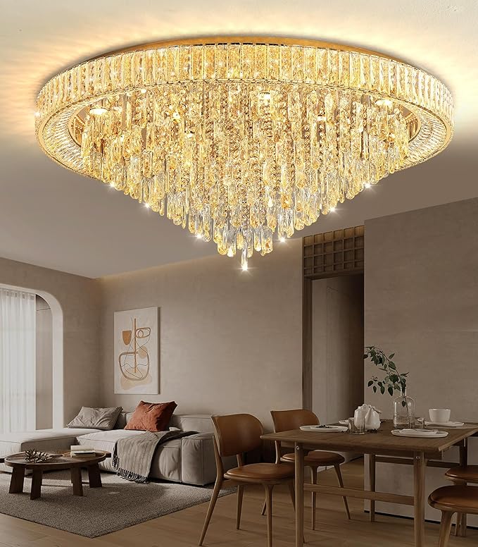 Modern Crystal Chandeliers LED Dimmable Flush Mount Ceiling Chandeliers for Living Room High Ceiling Entrance Foyer Lobby Bedroom Gold