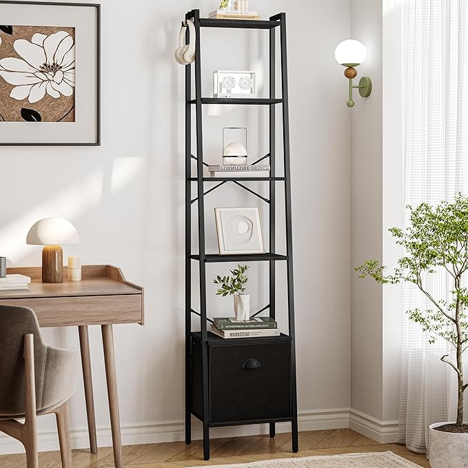 Narrow Bookshelf Bookcase with Drawer, Ladder Shelf with 2 Hooks, Bookshelves Storage Organizer, Freestanding Display Standing for Home Office, Bedroom, 6 Tier Black BC19604B
