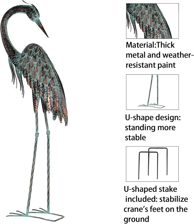 Kircust Garden Crane Statues, Standing Metal Patina Heron Decoy Outdoor Statue, 42-46 Inch Bird Yard Art for Patio Lawn Pond, Set of 2