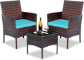 Patio Furniture Set 3 Pieces All-Weather Rattan Outdoor Furniture Patio Chairs with Tempered Glass Table for Porch Bistro Balcony Bistro Set(Brown/Blue)