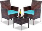 Patio Furniture Set 3 Pieces All-Weather Rattan Outdoor Furniture Patio Chairs with Tempered Glass Table for Porch Bistro Balcony Bistro Set(Brown/Blue)