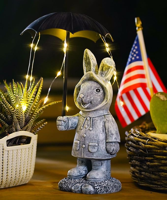 Solar Rabbit Garden Statue Outdoor Decor, Bunny Figurines Lights with Umbrella for Outside Yard Lawn Ornaments,Gifts for Mother's Day Birthday Easter Housewarming(Grey)