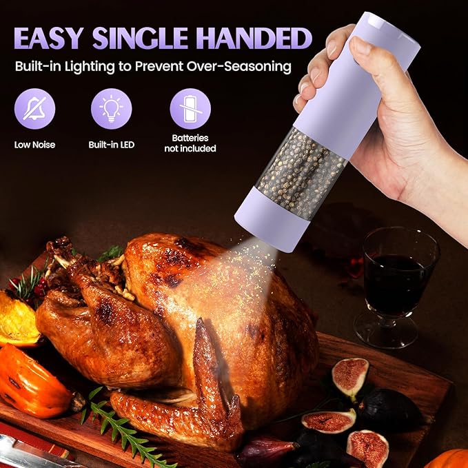 Salt and Pepper Grinder Set Gifts for Women Automatic Battery Purple Pepper Mill Shakers Kitchen Accessories Cooking for Mom, Adjustable Coarseness Salt Pepper Shakers White Elephant Gift