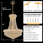 14 - Light Unique Empire Crystal Chandelier with Adjustable Chain for High Ceiling Foyer Entryway Living Room Dining Room Bedroom Gold Finish