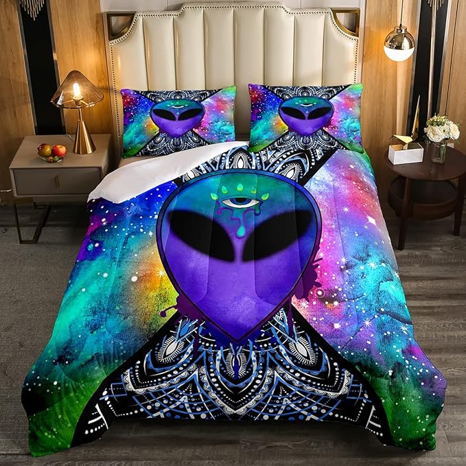 Erosebridal Trippy Alien Comforter Set King, Boho Tie Dye Bedding Sets for Kids Teens Adult Galaxy Outer Space Down Comforter Psychedelic Hippie Skull Duvet Sets 3 Pieces with 2 Pillow Cases