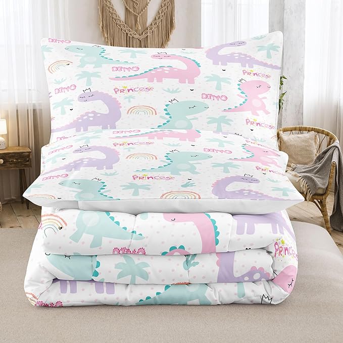 NINENINE Girls Queen Comforter Set,Dinosaur Comforter Sets for Boys Kids,Girls Queen Bedding Colorful Rainbow Little Dino Princess Bed Sets with 1 Comforter&2 Pillowcases