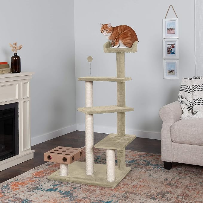Furhaven 49.5" Tall Cat Tree for Indoor Cats, Ft. Sisal Scratching Posts, Plush Ball Toy, & Busy Box Toy - Tiger Tough Play Stairs Interactive Playground Tower - Cream, One Size