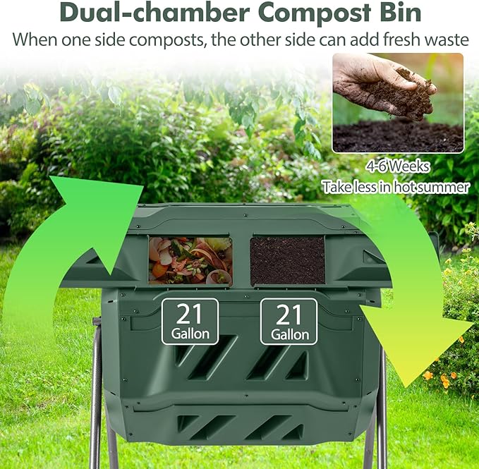 S AFSTAR Composter Tumbler Outdoor, 42-Gal Dual Chamber Tumbling Composter with 2 Sliding Doors, Metal Frame, BPA-Free Large Rotating Compost Bin Tumbler for Garden Yard Waste (Green)