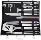 ROMANTICIST 25pcs Extra Thick BBQ Grill Accessories, Fathers Day Grilling Gifts Set for Men Dad, Heavy Duty Grill Tools Utensils Kit with Spatula, Tongs in Aluminum Case for Birthday Silver