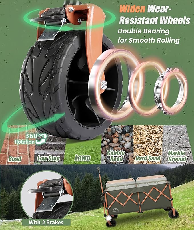 48”L Foldable Wagons Carts Extended, Collapsible Folding Wagon 500lbs Heavy Duty, 320L Large Beach Wagon, Utility Wagon with All Terrain Big Wheels for Sports, Camping, Grocery, Garden, Green