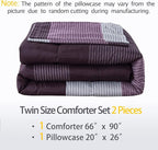 Andency Stripe Comforter Set Twin Size (66x90 Inch), 2 Pieces Purple and Gray Patchwork Striped Comforter, Soft Microfiber Down Alternative Comforter Bedding Set with Corner Loops