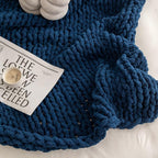 WESHIONGOO Chunky Knit Blanket Throw 40"*40" Knitted Throw Blankets for Couch Bed Fluffy Soft Blanket with Jumbo Chenille Yarn Thick 100% Handmade(Navy Blue)