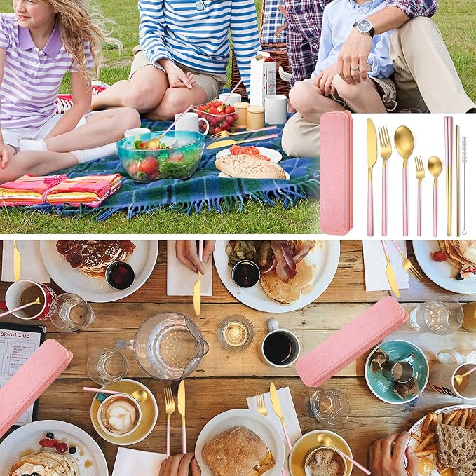 AARAINBOW 6 Pieces Stainless Steel Flatware Set Portable Reusable Cutlery Set Travel Utensils Set Including Chopsticks Knife Fork Spoon Straws Cleaning Brush Dishwasher Safe (B-Pink golden)