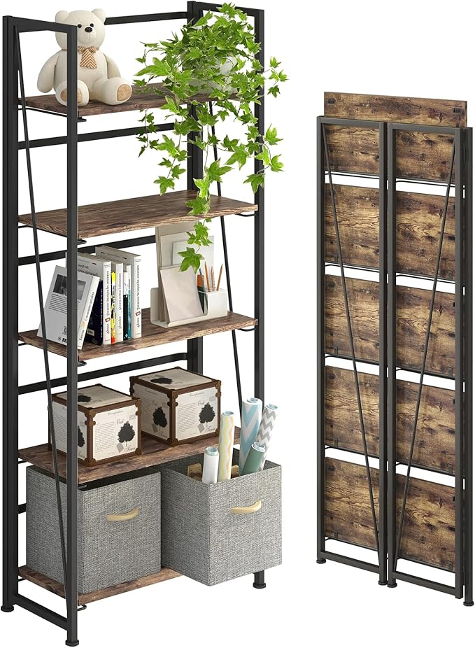 4NM No-Assembly Folding Bookshelf Storage Shelves 5 Tiers Vintage Bookcase Standing Racks Study Organizer Home Office (Rustic Brown and Black)