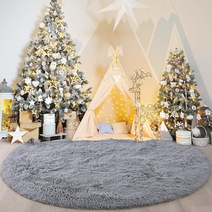Grey Round Rug for Bedroom, Super Fluffy Circle Rugs for Baby Nursery, 4'X4' Feet Furry Carpet for Children Kids Room, Cute Soft Shaggy Rug for Girls Home Decor, Fuzzy Plush Carpets for Dorm
