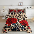 Rose Flower Comforter Set for Teens Adult Women Wedding Gift, Leopard Print Bedding Set Queen Size, Valentine's Day Cheetah Duvet Sets Leopard Animal Skin Down Comforter for Bedroom Decor, Brown