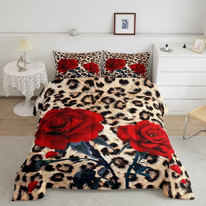 Rose Flower Comforter Set for Teens Adult Women Wedding Gift, Leopard Print Bedding Set Queen Size, Valentine's Day Cheetah Duvet Sets Leopard Animal Skin Down Comforter for Bedroom Decor, Brown