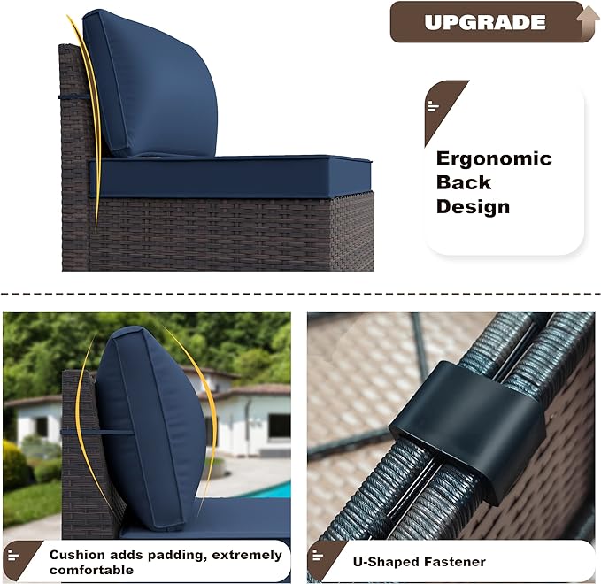 Patio Furniture Sectional Sofa Set 10-Pieces PE Rattan Swivel Rocking Chairs Outdoor Furniture Set w/43in Gas Fire Pit Table, Patio Conversation with 55000 BTU Propane Fire Pit, Navy Blue