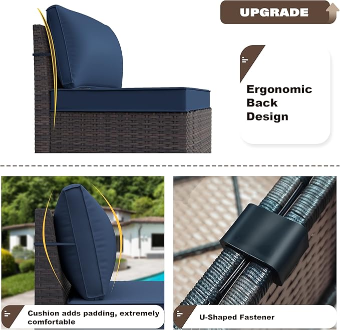 Patio Furniture Set Sofa 12-Pieces Wicker Sectional Sofa Set, Outdoor Furniture Rattan Patio Conversation Set with Thickened Cushions and Glass Coffee Table, Navy Blue