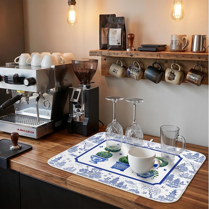 Chinese Blue White Dish Drying Mat for Kitchen Counter Coffee Bar 18x24 in | Chinese Aesthetic Non Slip Absorbent Kitchen Dishes Drainer Mat, with Anti-slip Rubber Backing & Hanging Loop, for Sink