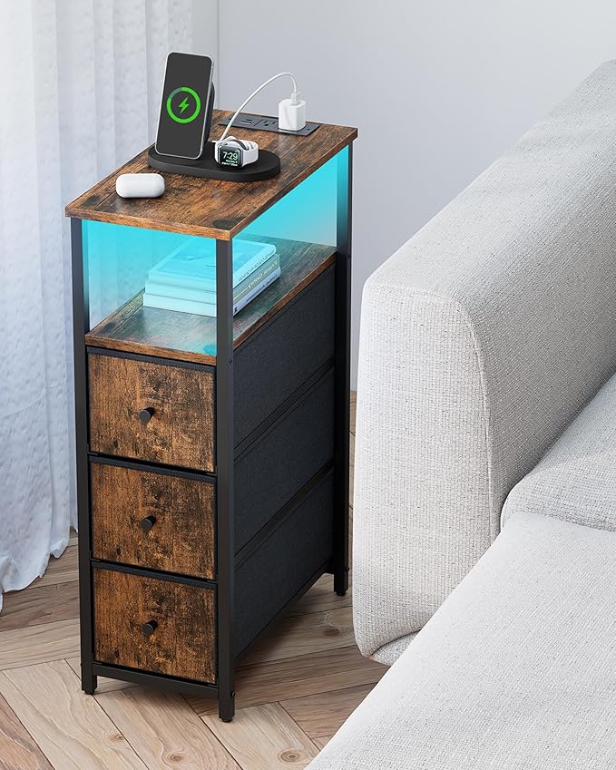 TUTOTAK Narrow LED Night Stand with Charging Station, Slim End Table with Plugins, Tall Side Table with 3 Fabric Drawer, Small Bedside Table with Storage, for Living Room, Brown TB01BB086L
