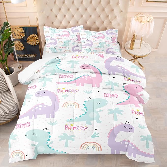 NINENINE Girls Queen Comforter Set,Dinosaur Comforter Sets for Boys Kids,Girls Queen Bedding Colorful Rainbow Little Dino Princess Bed Sets with 1 Comforter&2 Pillowcases