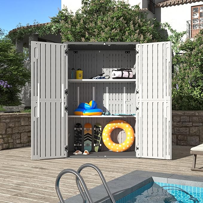 Aoxun 64 Cu.Ft Outdoor Storage Shed with Floor and 2 Shelves, Waterproof Horizontal Resin Cabinet for Garage Storage, Pool Storage, Bike Shed, Garden Shed