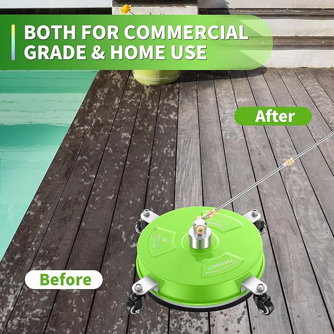 14" Pressure Washer Surface Cleaner with 4 Wheels - Coated Green Stainless Steel Surface Cleaner for Pressure Washer Attachment for Concrete, Patio, Sidewalk, Deck and Driveways - PWS14G
