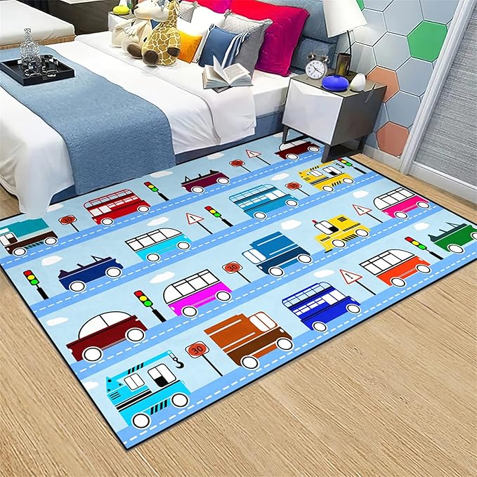 Car Rug Car Play Mat Kids Rugs for Playroom Car Rug Play Mat Rugs for Boys Bedroom Car Carpet for Kids Play Rug for Cars and Trucks Car Rug for Boys Room,Light Blue 2'5''×4'