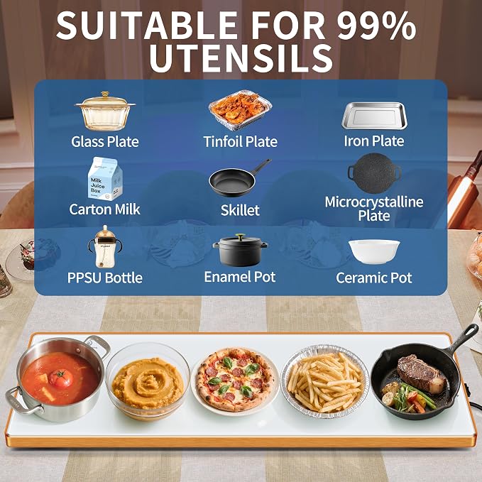 Warming Trays for Buffets Party, 47"x12", Tempered Glass Food Warmer, White | Keep Food Warm,Electric Warming Mat For food for Gathering, Button Temperature Control,Full Surface Warm,Build-in Thermostat