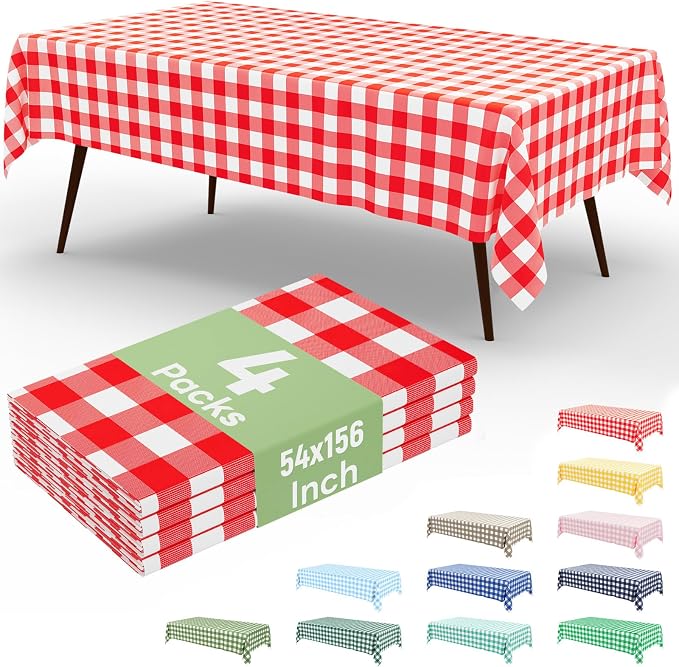 4 Packs Buffalo Disposable Table Cloth, 54 x 156 Inch Waterproof Plastic Tablecloth, Rectangle Red and White Checkered Table Covers for Picnic, Birthday, Party, Back to School