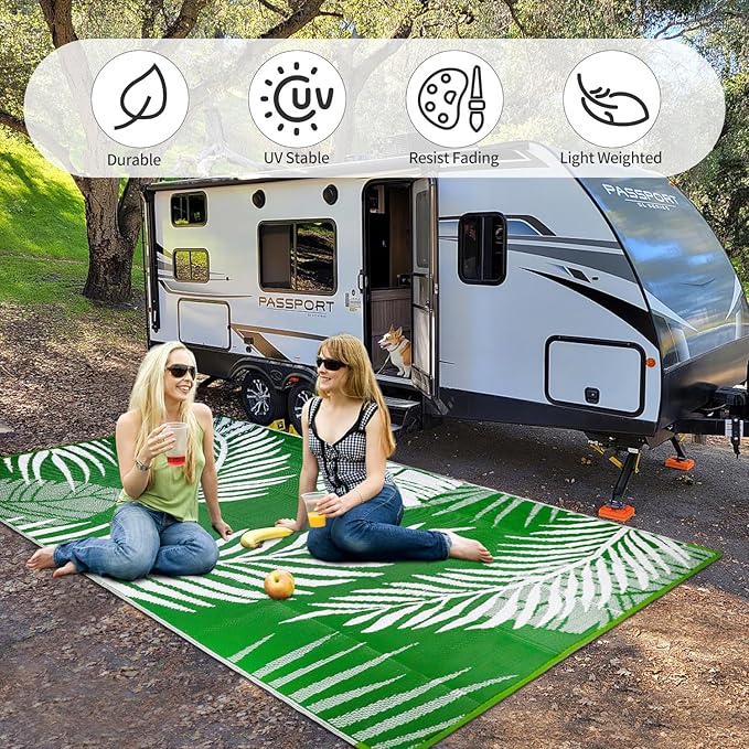 Waterproof Outdoor Rug 6x9ft, Green Leaf Reversible Plastic Straw Mat for Patio RV Deck Porch Backyard Balcony Camping Picnic Beach Indoor Outdoor Carpet, Green&White
