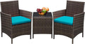 Greesum 3 Pieces Patio Furniture Sets Outdoor PE Rattan Wicker Chairs with Soft Cushion and Glass Coffee Table for Garden Backyard Porch Poolside, Brown and Blue