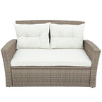 Set, 4 Piece Outdoor Wicker Rattan Sectional Sofa with Glass Table, Ottoman and Soft Cushions, Front Porch Apartment Patio Furniture for Backyard Lawn Garden, E-Beige b