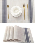 Leetaltree Khaki-Blue Placemats, Heat Resistant Non-Slip Place mats for Dining Table, Washable Durable PVC Vinyl Woven Table Mats (Set of 4)