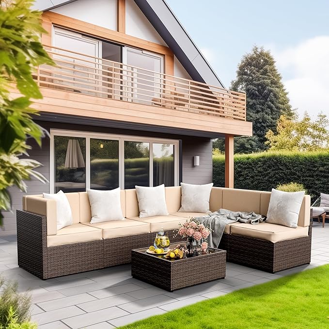 Pamapic 7 Piece Modular Outdoor Sectional, UV Protection Rattan Patio Sectional with Coffee Table, Adjustable Outdoor Couch with Removable Waterproof Cushions Covers(Brown Sugar)