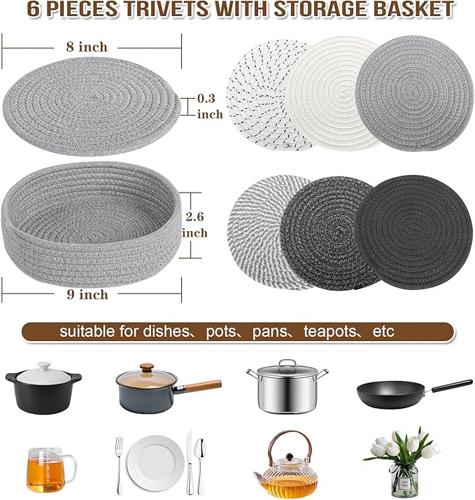 8" Trivets for Hot Dishes, Hot pots and Pans,6 Heat Resistant Hot Pads and Storage Basket 1 Pack,Pot Holders for Kitchen, Hot Plate Mats for Kitchen Countertops