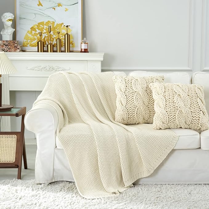 Longhui bedding Chunky Cable Knit Throw Blanket Lightweight Cream 100% Organic Cotton Blanket for Sofa Couch Bed Baby Nursery, Rustic Shabby Chic Modern Farmhouse, 60” x 80” Give Laundering Bag