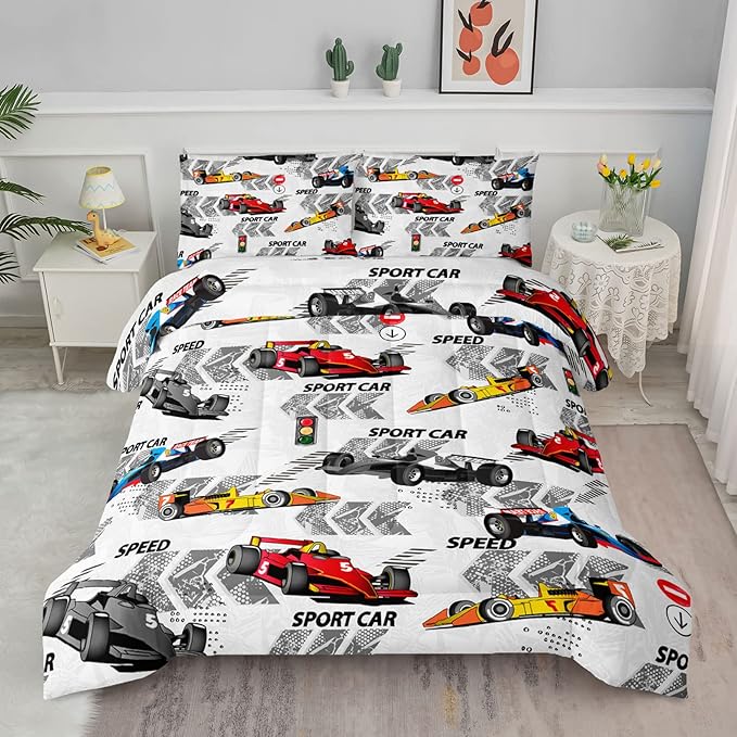 Axolotl Racing Car Comforter Set Full Size,Extreme Sports Boys Bedding Set for Boys Teens Girls Car Racing Gifts,Race Cars Quilt Bed Set with 1 Comforter 2 Pillowcases,Multi Color