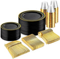 bUCLA 300PCS Black and Gold Disposable Dinnerware Set - 50 Guests Black Plastic Plates with Gold Rim Include 50 Dinner / 50 Dessert Plates, 50 Forks,50 Knives,50 Spoons&50 Cups for Party&New Year