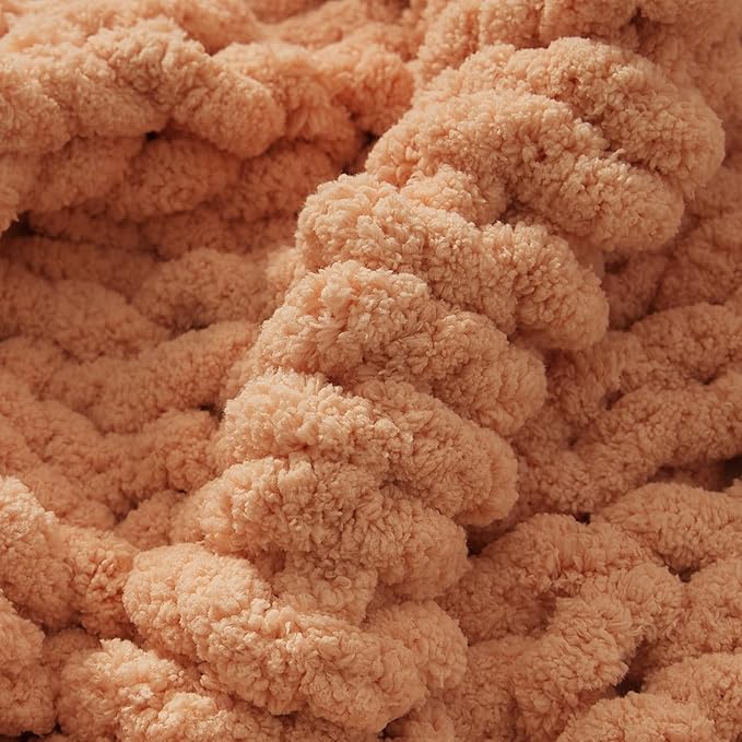 WESHIONGOO Chunky Knit Blanket Throw Knitted Throw Blankets for Couch Bed Fluffy Soft Blanket with Jumbo Chenille Yarn Thick 100% Handmade(Peach Fuzz, 50"×60")