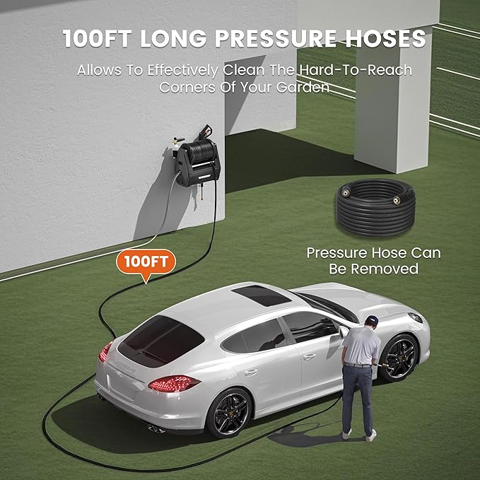 Giraffe Tools Grandfalls Pressure Washer G30B, Max 2900 PSI, 2.2 GPM, Electric Wall Mounted Pressure Washer with 100ft Black Pressure Hoses, Foam Cannon, 4-Nozzles for Car/Driveways, Dark Silver