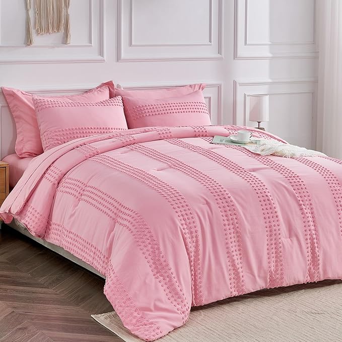 ENJOHOS Girls Queen Comforter Bedding Set Pink, 3 PCS Boho Comforter with Tufted Dots, Shabby Chic Bedding Comforter for All Season, Lightweight Fluffy Microfiber Comforter with 2 Pillowcases