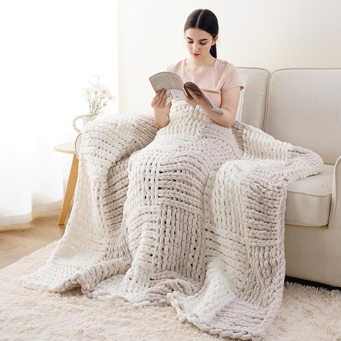 Battilo Chunky Knit Throw Blanket, Soft and Thick Chenille Throw Blanket, 50"x60" Handmade Cable Knit Crochet Blanket, Large Rope Knot Throw Blankets for Couch Sofa Bed Home Decor, Beige & White