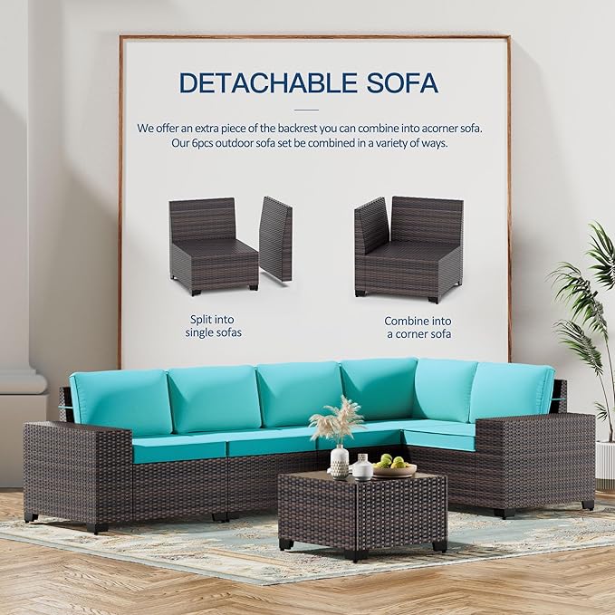 Kullavik 6PCS Outdoor Patio Furniture Set PE Wicker Rattan Sectional Sofa Patio Conversation Sets,Blue